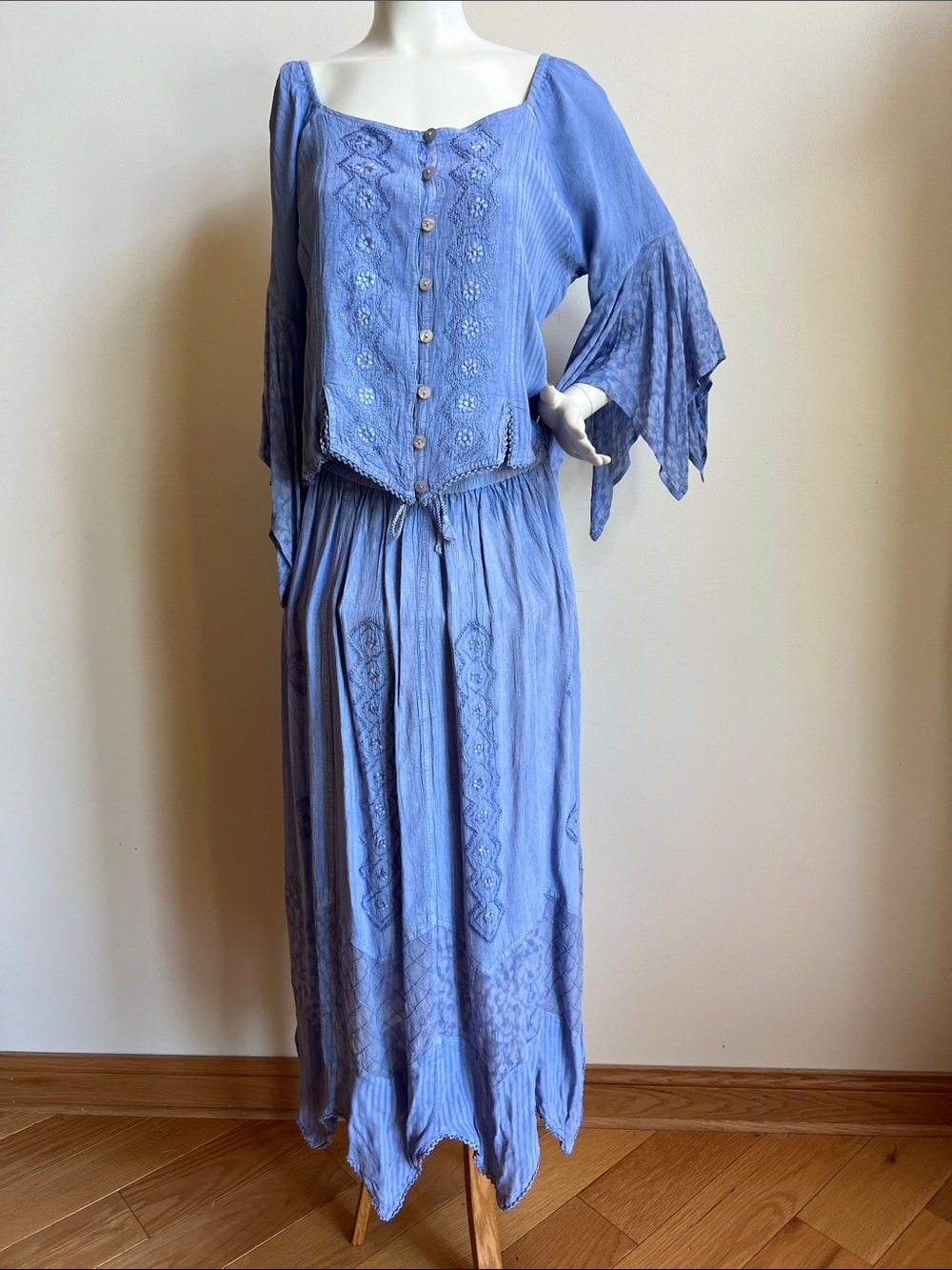 Bohemian Periwinkle Embroidered 2 piece skirt and blouse by the counter